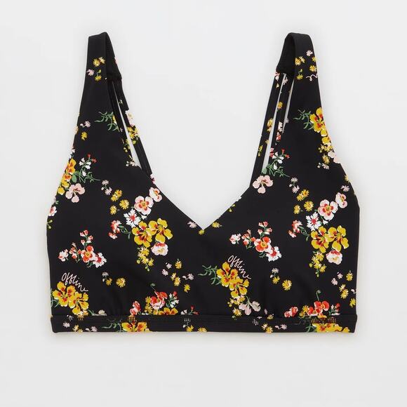 Aerie Offline Goals Plunge Sports Bra True Black Floral Mesh Back Strappy Active - Picture 15 of 15